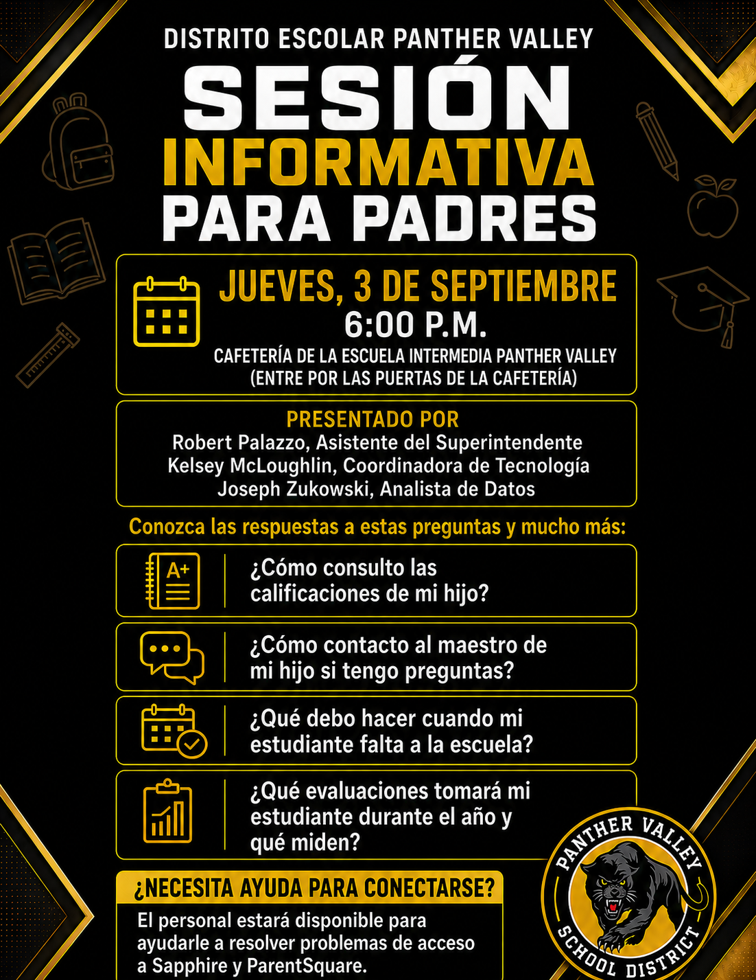 Poster for Panther Valley School District's informational session for parents on September 3rd at 6:00 PM in the cafeteria.