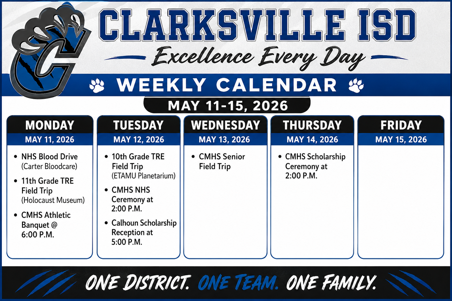 Weekly Calendar: May 11-15, 2026