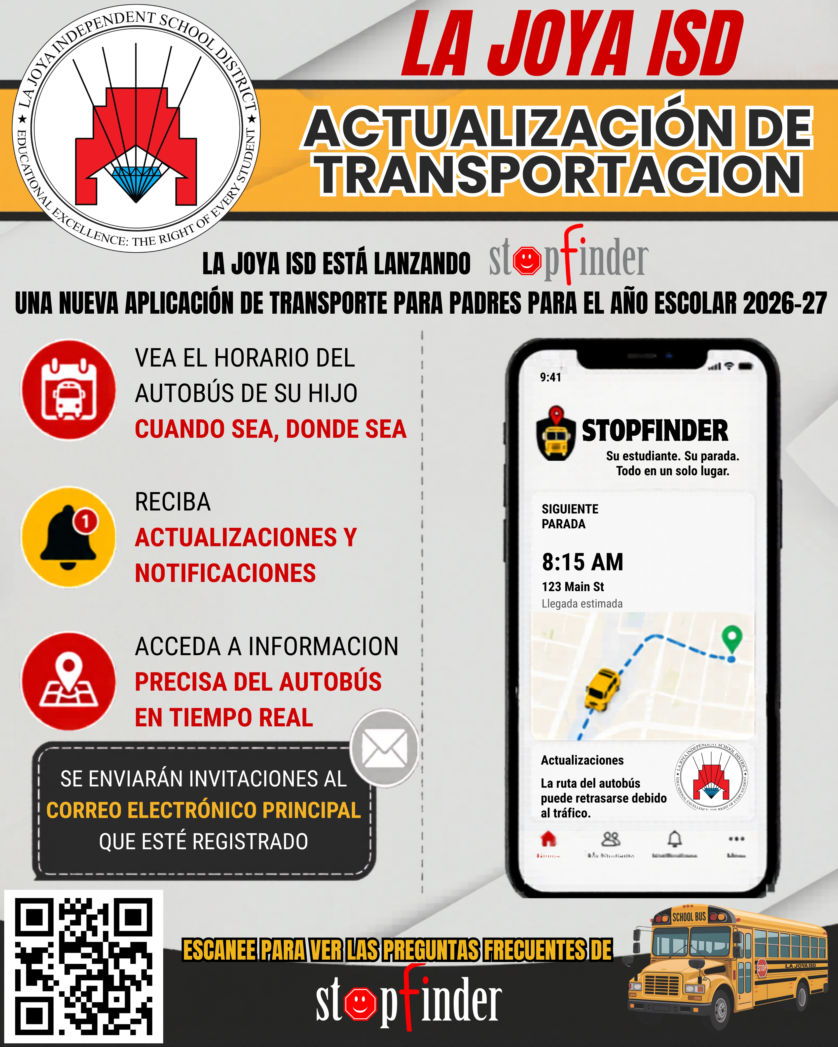 La Joya ISD announces the Stopfinder app for parents to track student bus information for the 2026-27 school year.