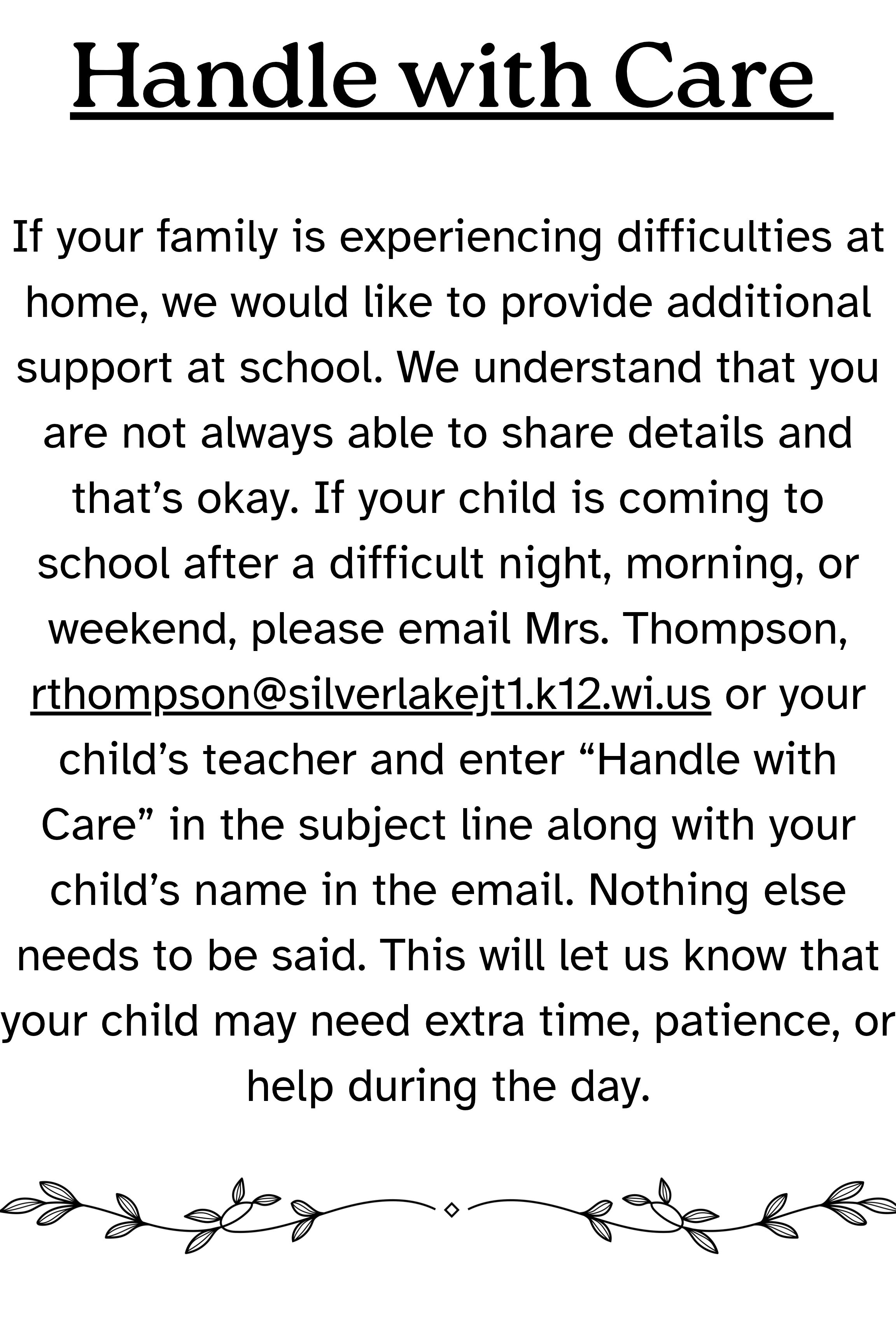 A informational flyer titled "Handle with Care" offering school support for families experiencing difficulties.