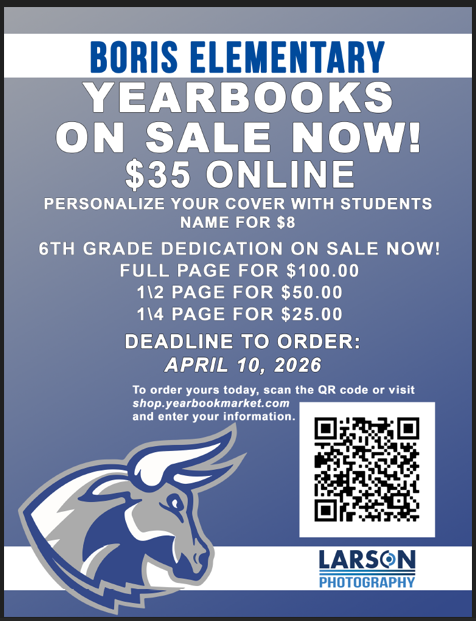 Our 2025/26 Boris Elementary Yearbook is on sale now until April 10. 