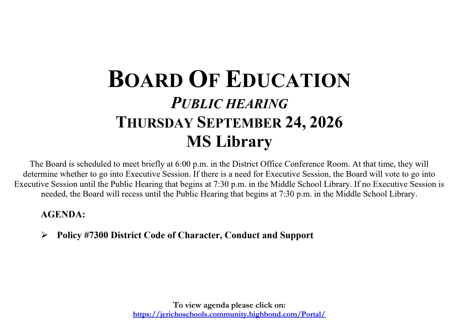 A notice for a Board of Education Public Hearing scheduled for Thursday, September 24, 2026, in the MS Library.