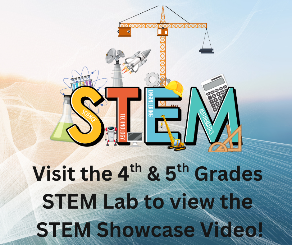 The word STEM is displayed with icons representing science, technology, engineering, and mathematics, including a rocket, crane, and calculator.