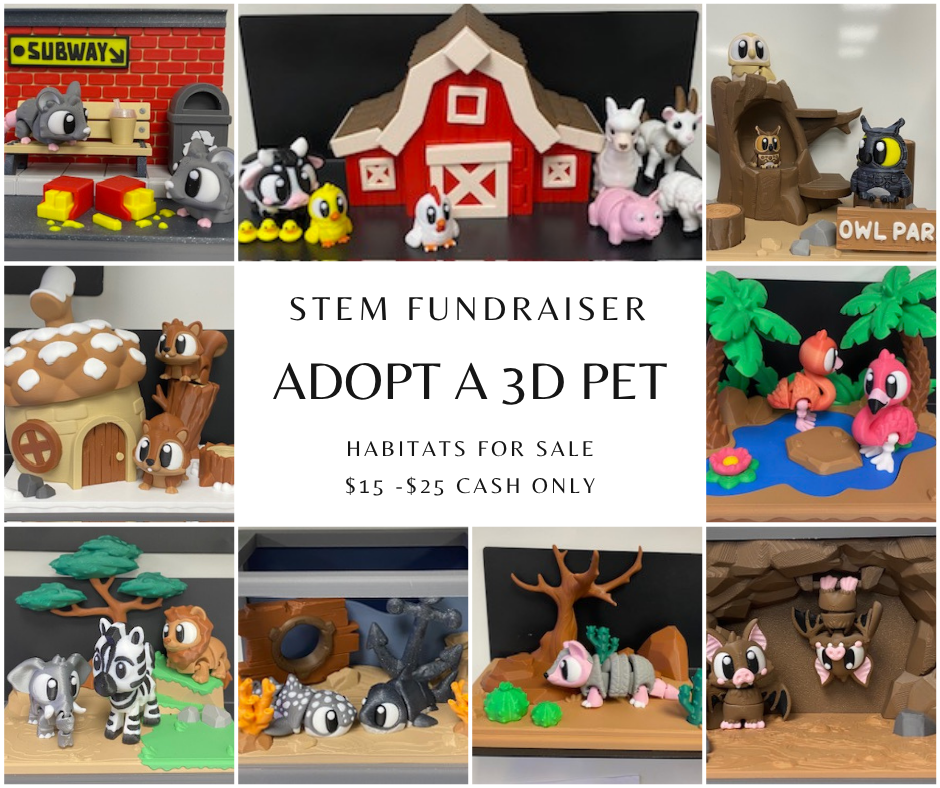 A collage of 3D printed pet habitats and figures, including farm animals, woodland creatures, and jungle animals.