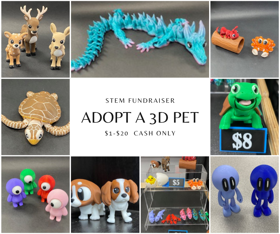 A collage of 3D printed figures, including deer, a dragon, a turtle, dogs, and abstract creatures, are displayed for a STEM fundraiser.