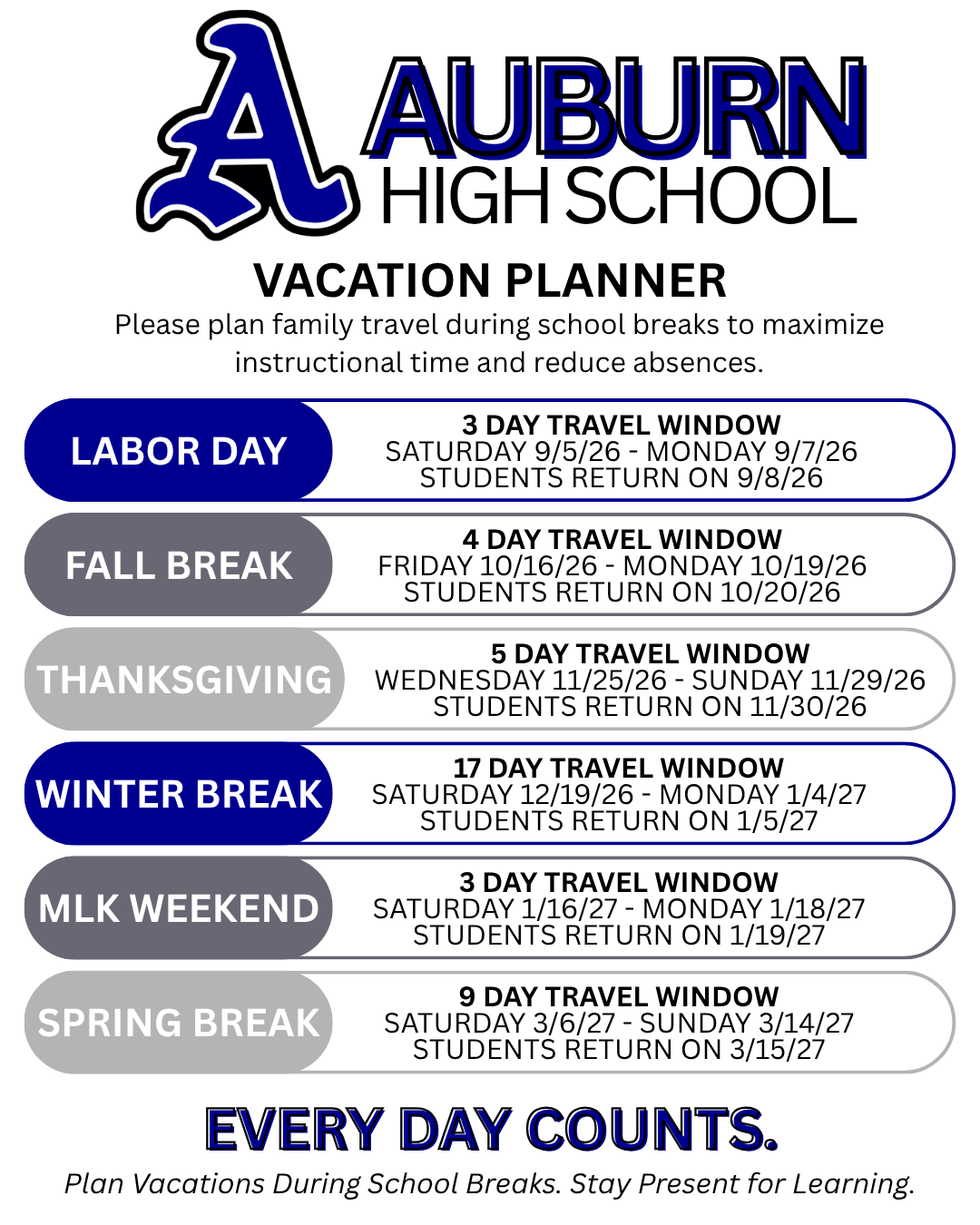 Auburn High School 2026–2027 Vacation Planner & Important Dates