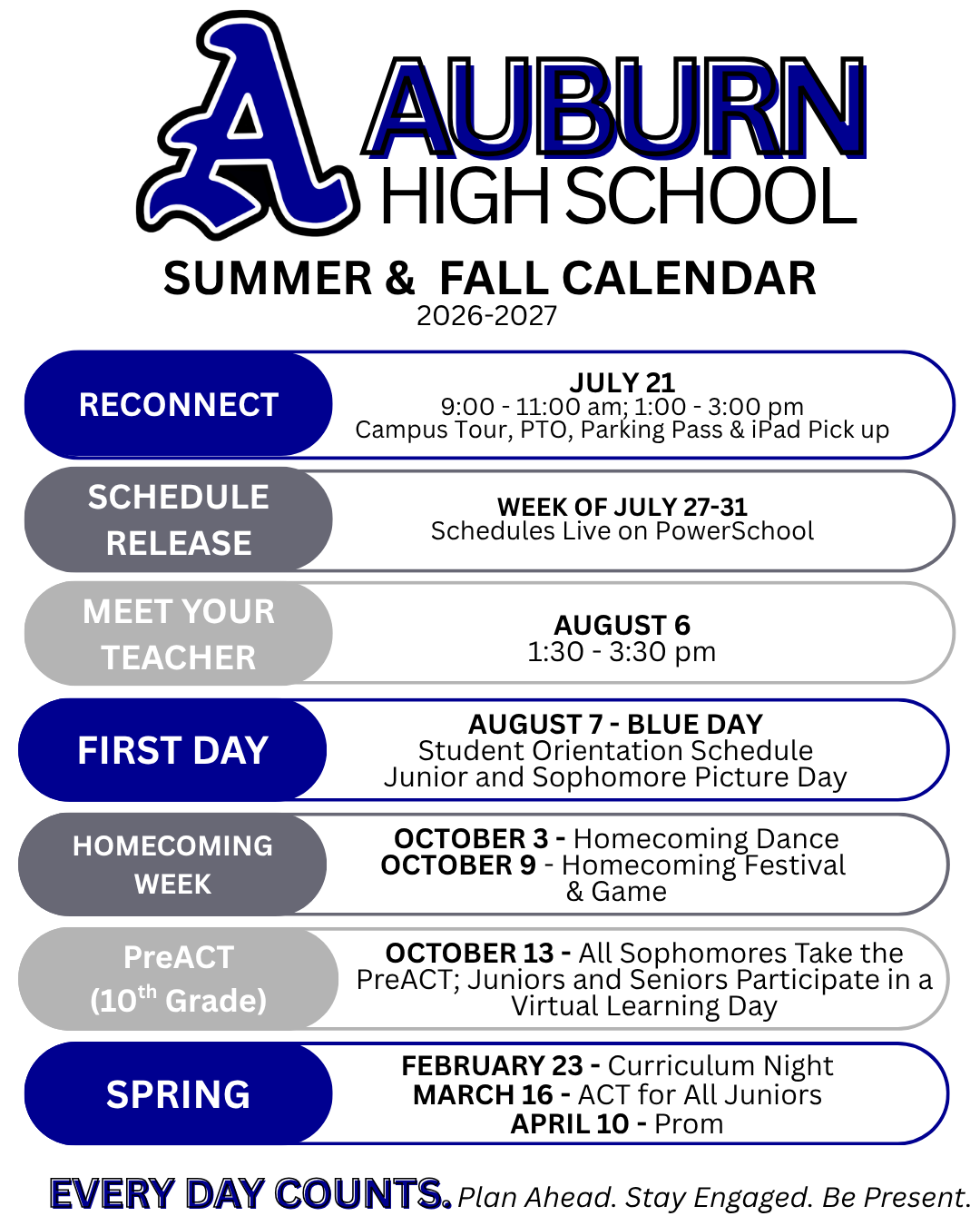 Auburn High School Summer & Fall Calendar 2026-2027 with key dates and events.
