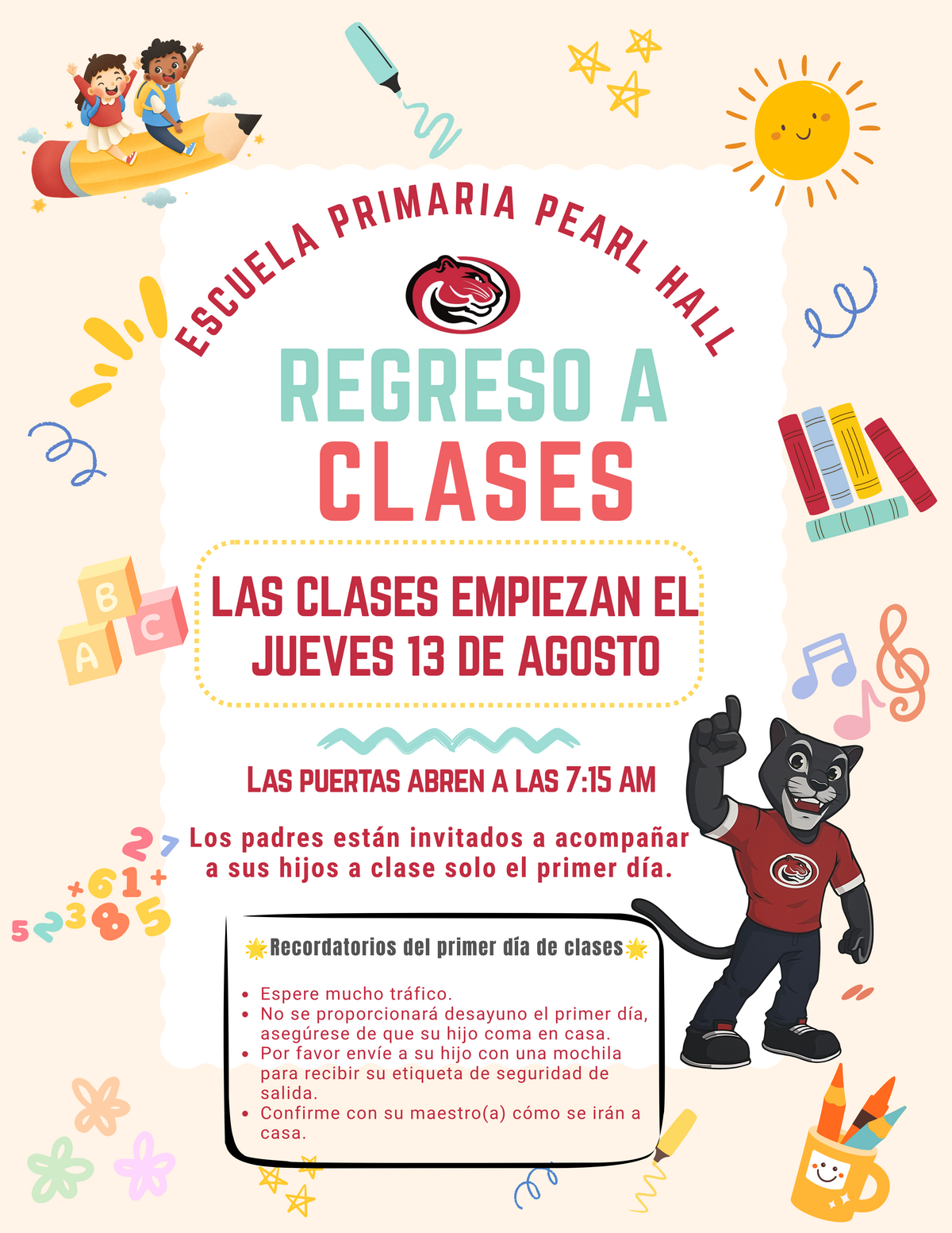 Poster announcing 'Regreso a Clases' (Back to School) for Escuela Primaria Pearl Hall, starting Thursday, August 13th.