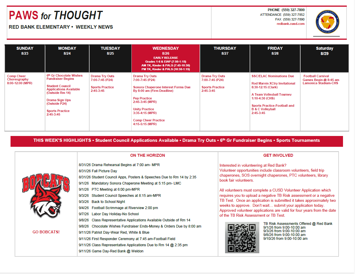 Weekly Calendar August 24-28, 2026