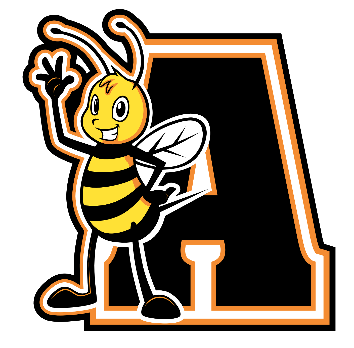 A cartoon bee with black and yellow stripes waves hello in front of a large black letter 'A'.
