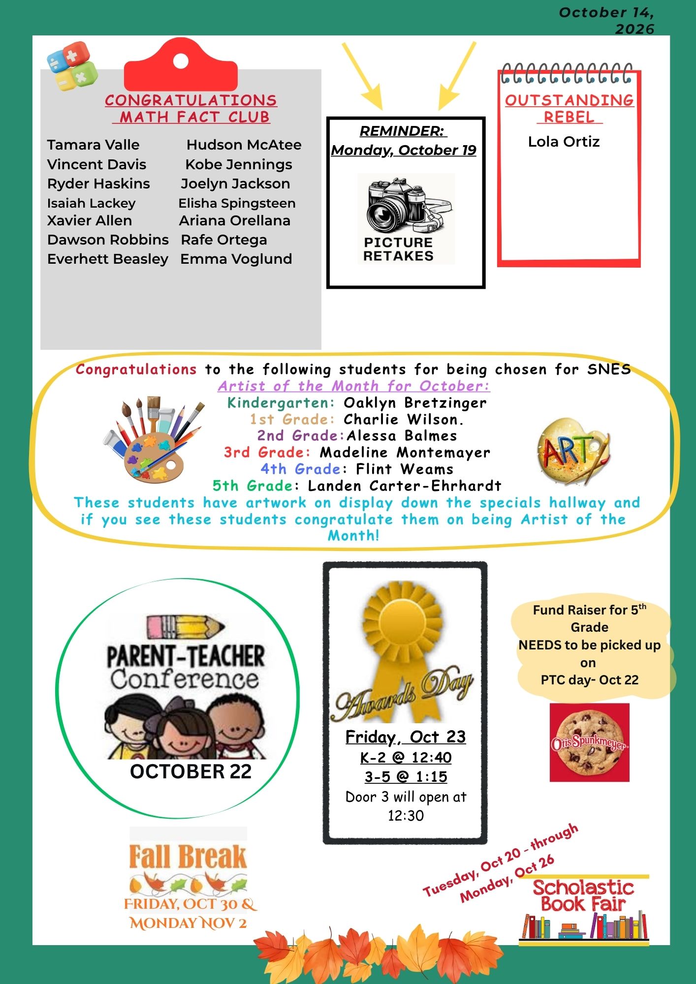 A school newsletter dated October 14, 2026, featuring announcements, student recognitions, and upcoming events.