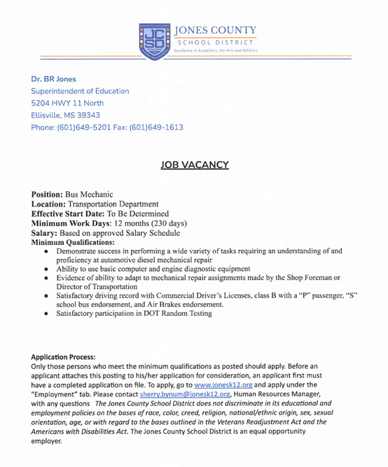 JCSD Job Vacancy for a Bus Mechanic