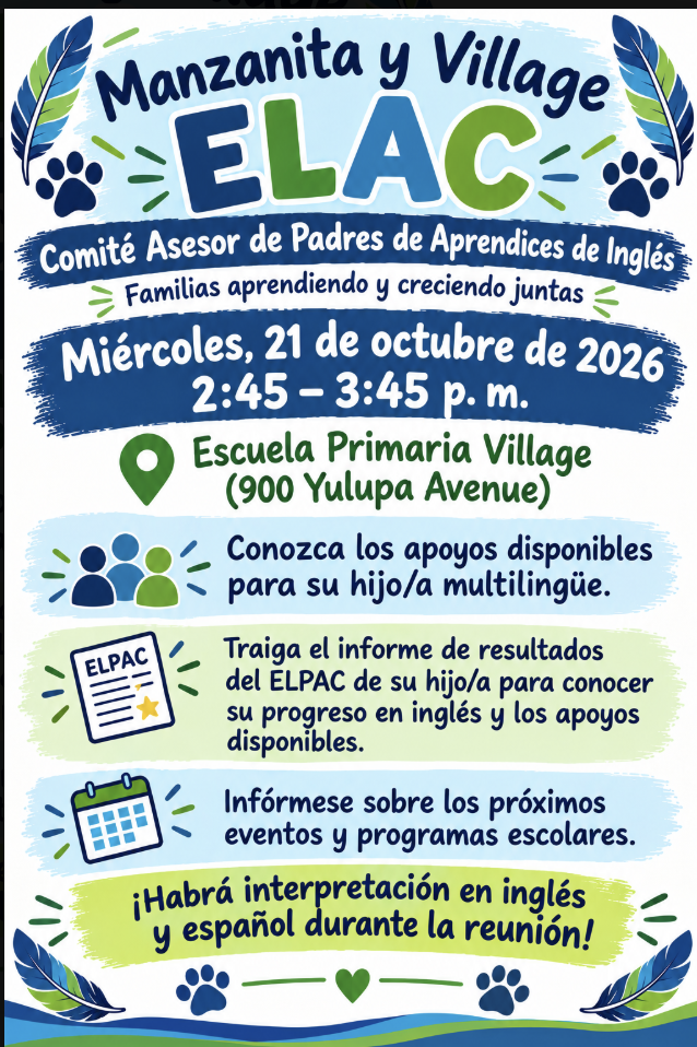 Please Join us for the ELAC Meeting this Wednesday from 2:45-3:45 in the Village MPR