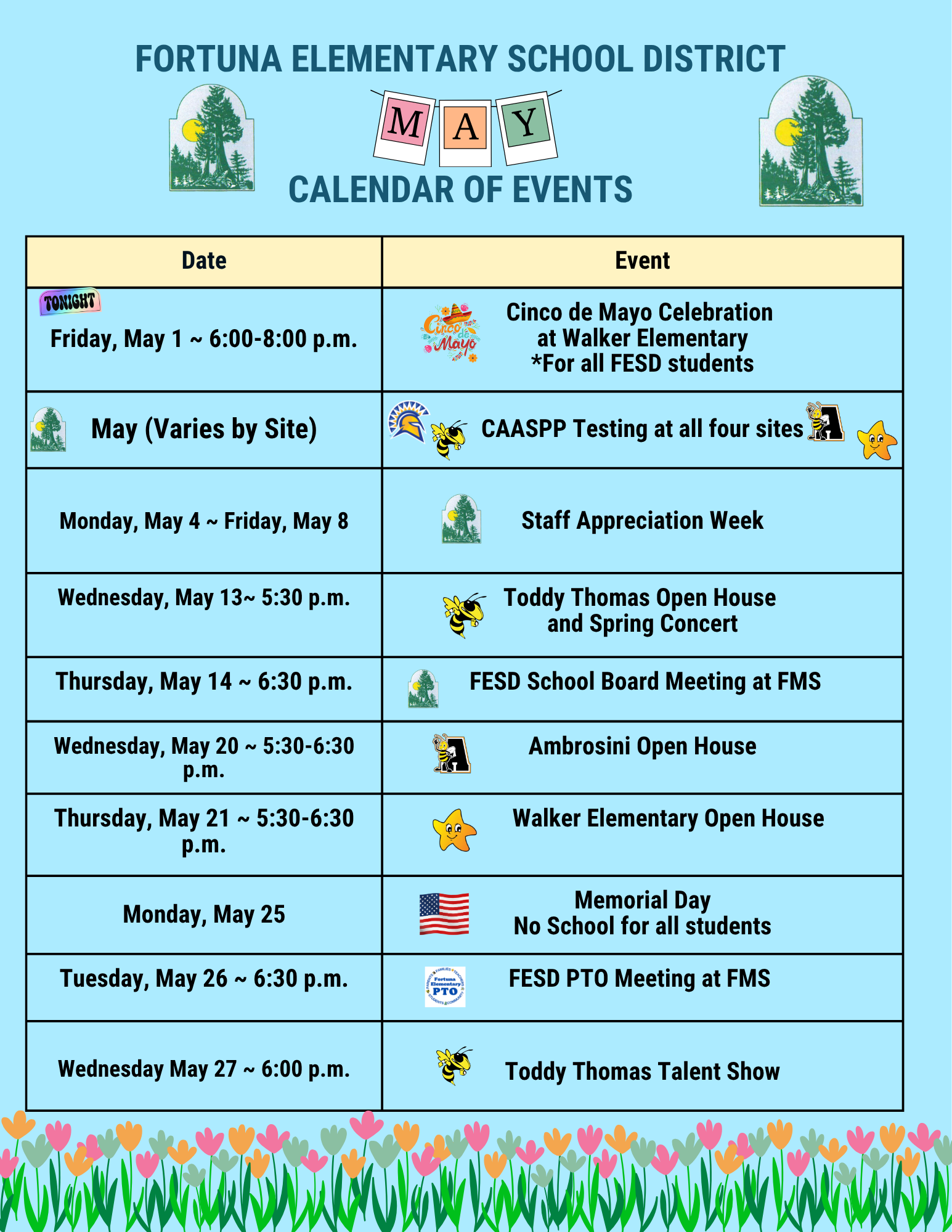 Fortuna Elementary School District May Calendar of Events with dates and activities.