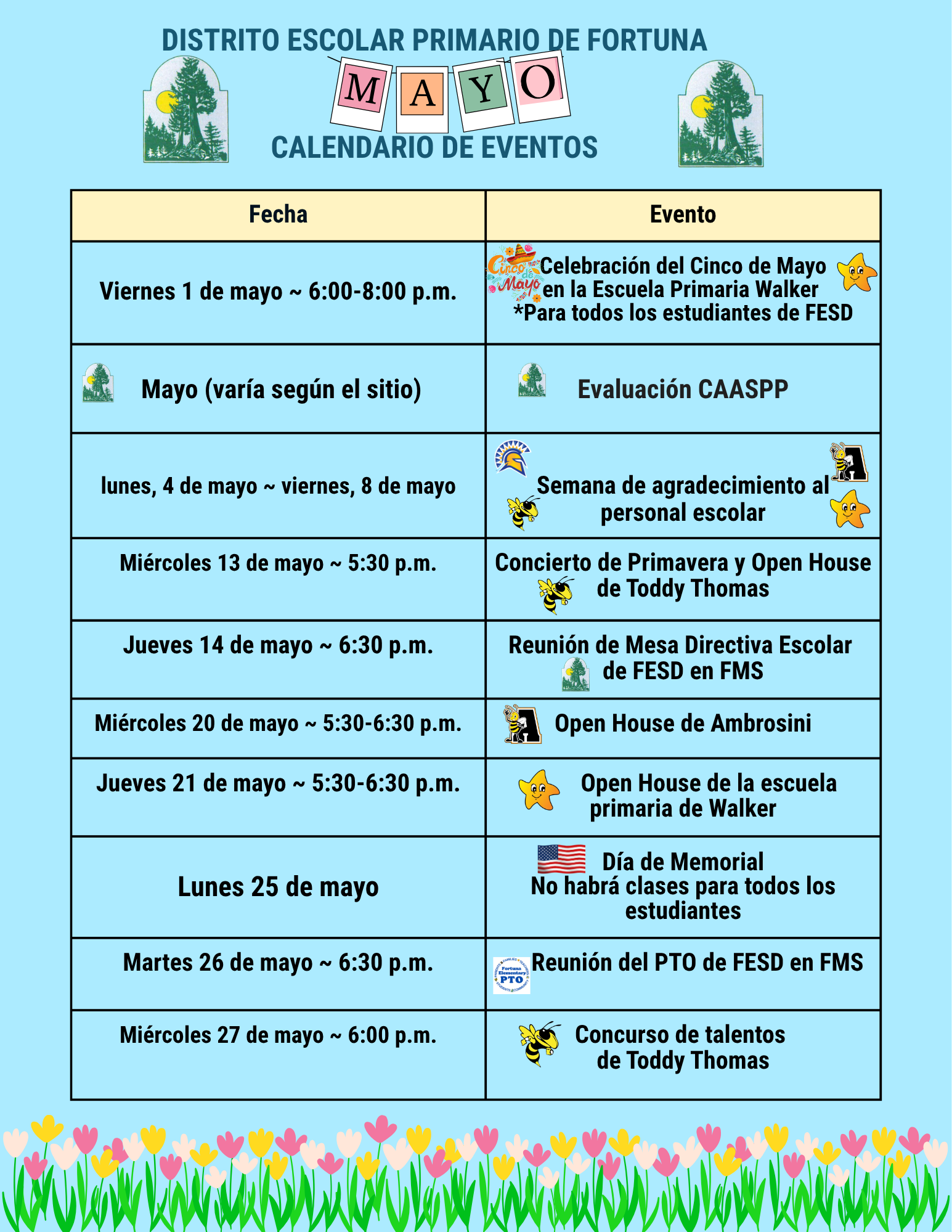 Calendar for Distrito Escolar Primario de Fortuna, listing May events and dates.
