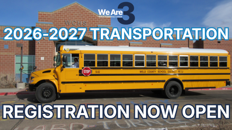 A yellow school bus is parked in front of a brick building labeled WCHS, with text announcing '2026-2027 TRANSPORTATION REGISTRATION NOW OPEN'.