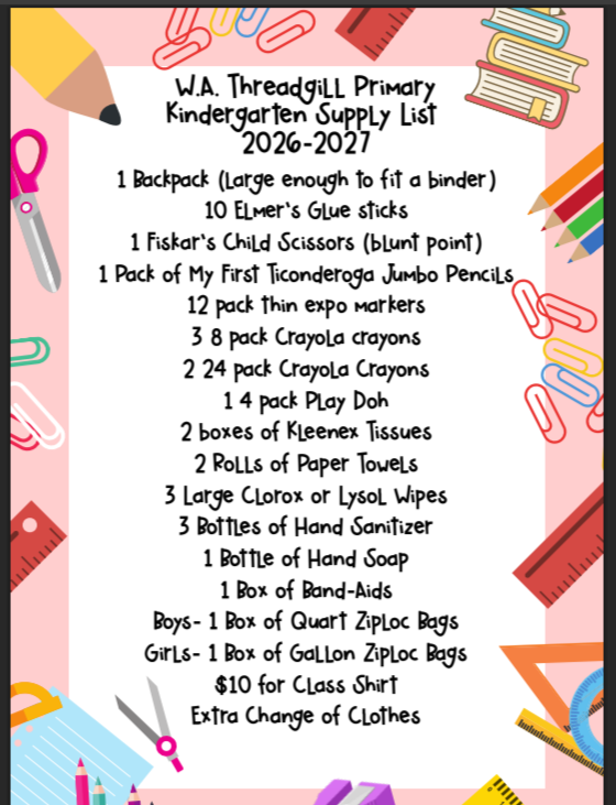 Kindergarten School Supply List