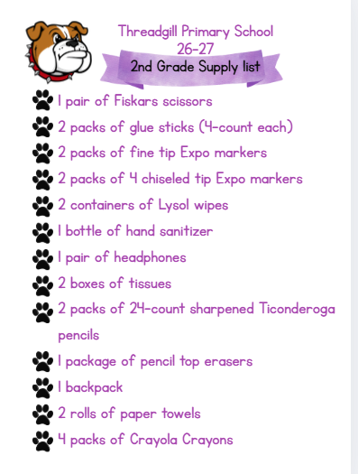 Second Grade School Supply List