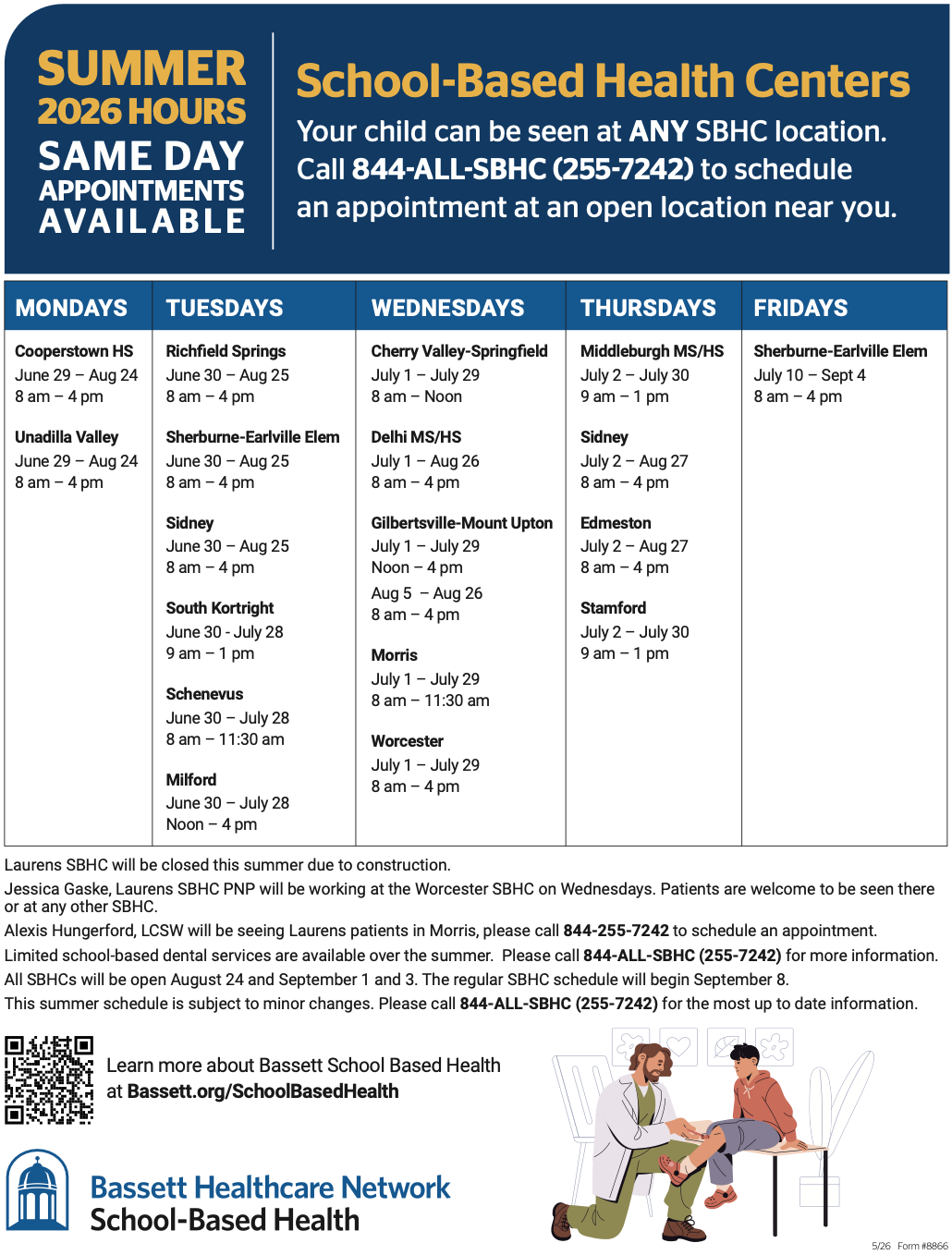 Summer 2026 Hours for School-Based Health Centers