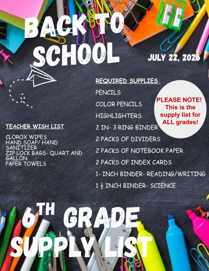Supply List for 6th, 7th, and 8th Grades