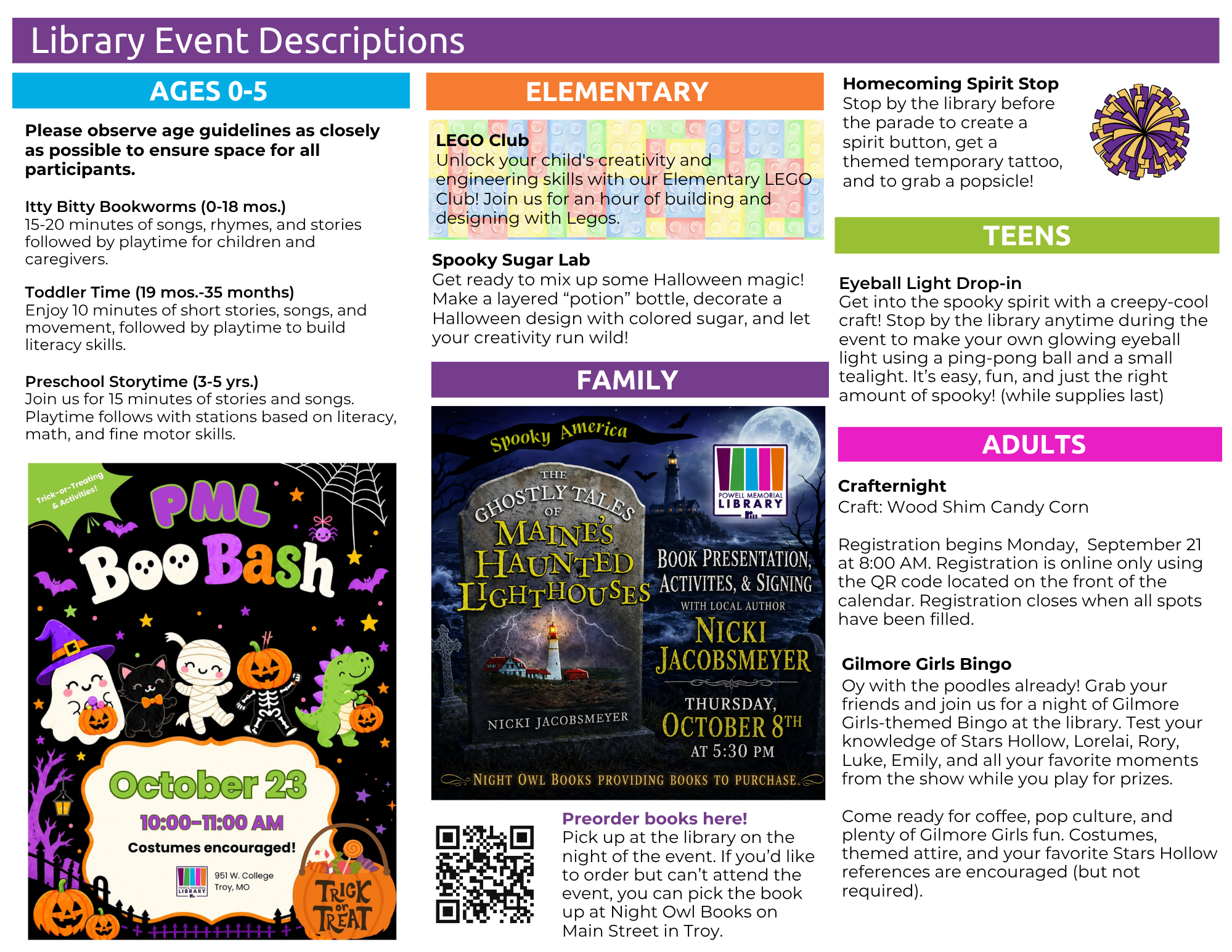 A library event flyer detailing various activities categorized by age groups, including ages 0-5, elementary, family, teens, and adults.