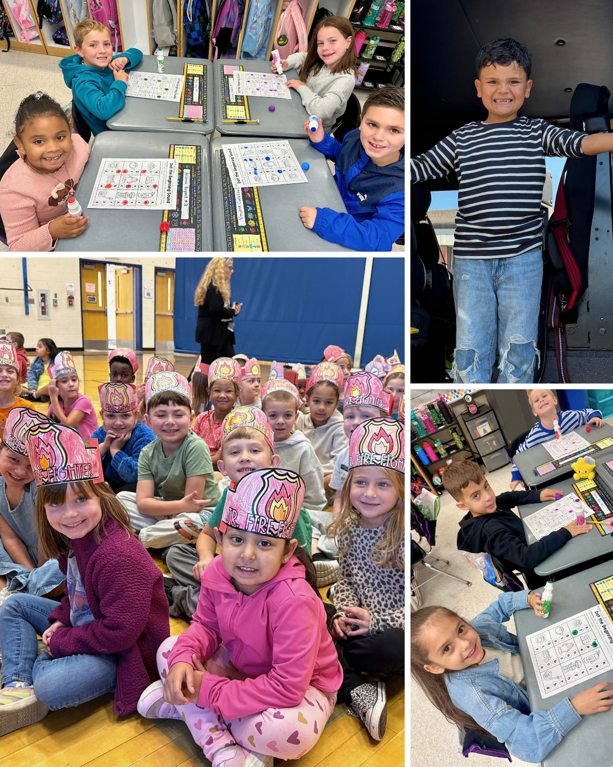 A collage of elementary students smiling in a classroom, gym, and vehicle.