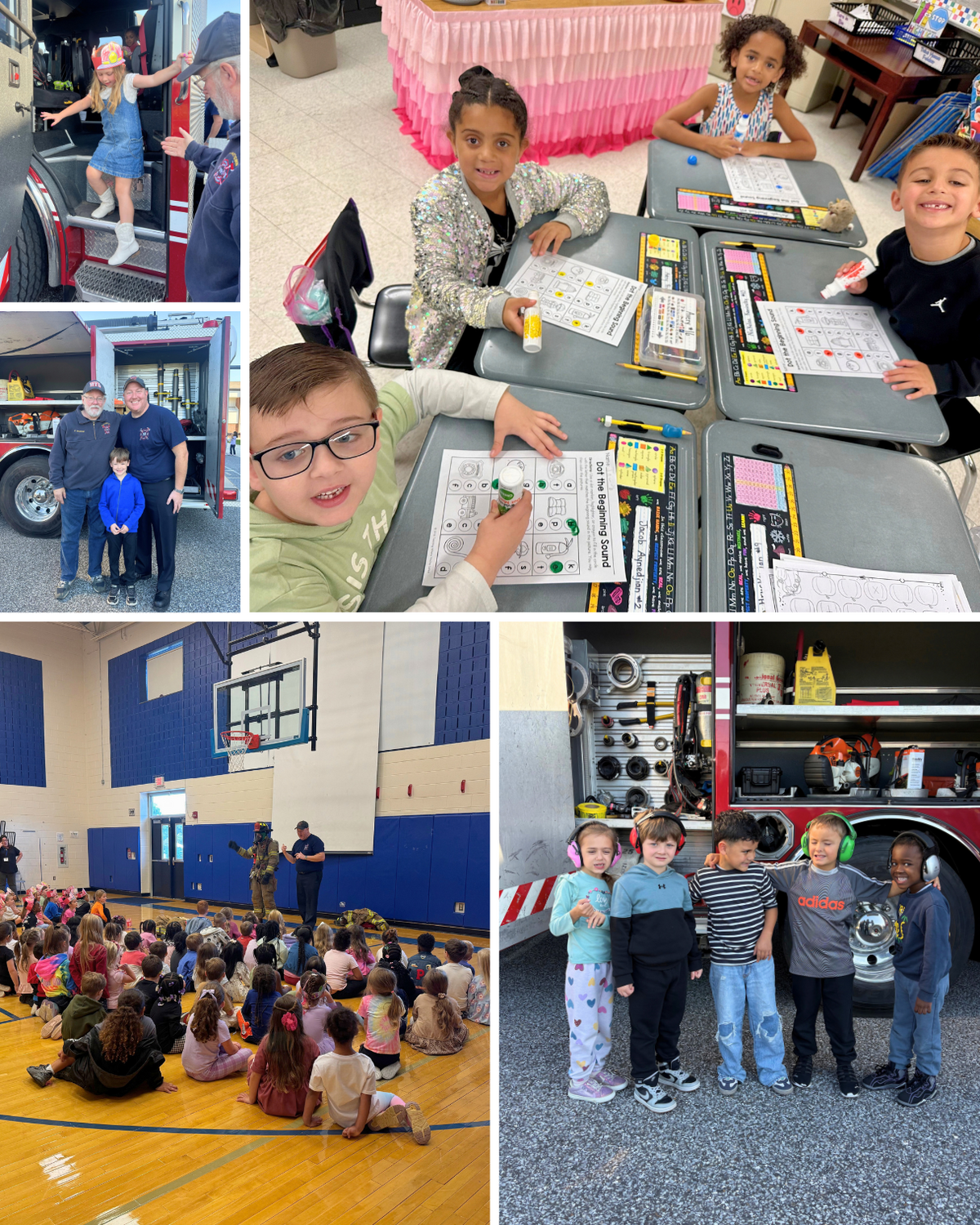 A collage of children participating in school activities, including classroom work and a visit with firefighters.