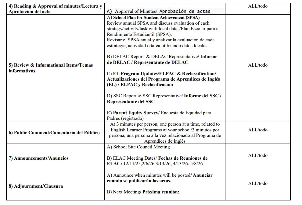 A table displays meeting agenda items in English and Spanish, including reading minutes, informational items, public comment, and announcements.