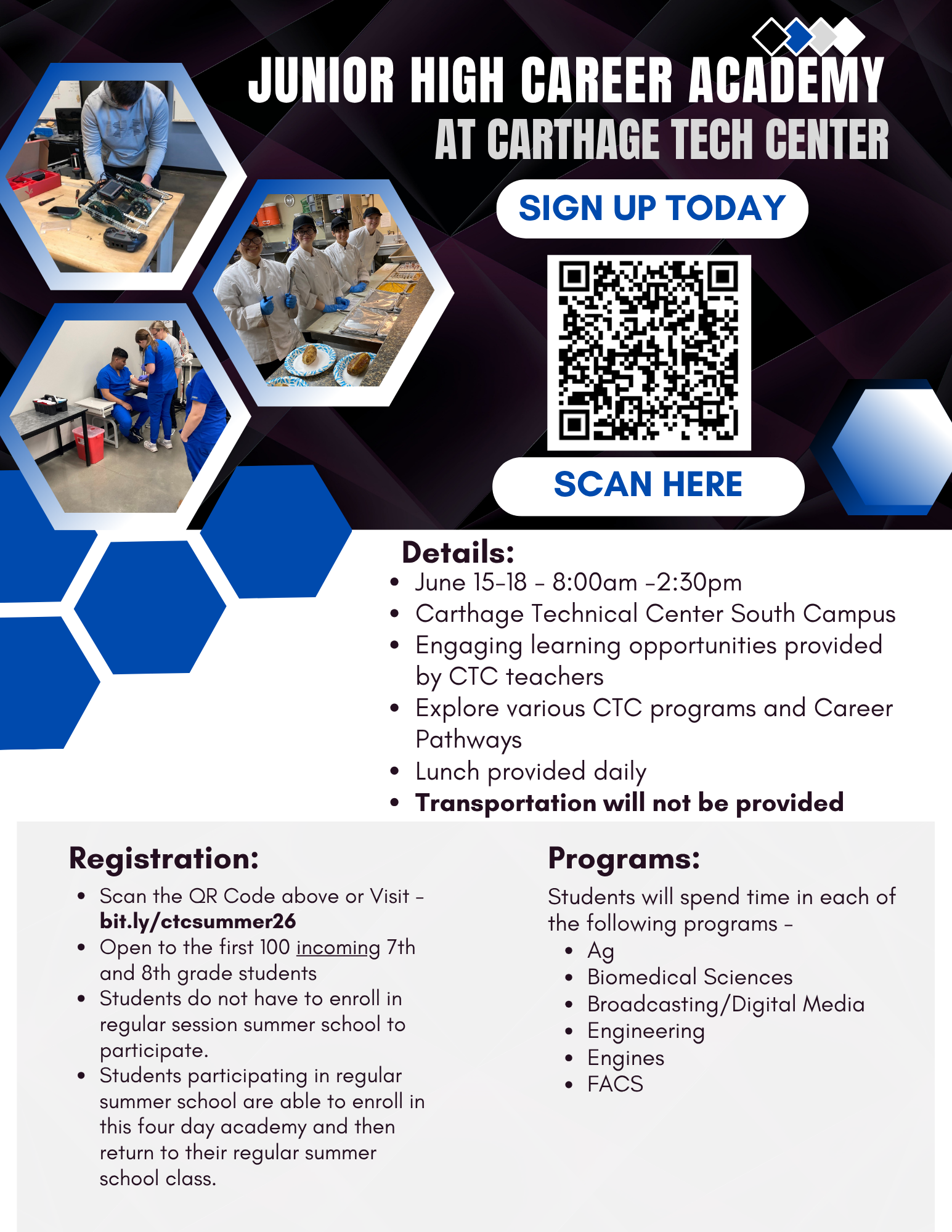 Register NOW for the JH Career Academy @ CTC