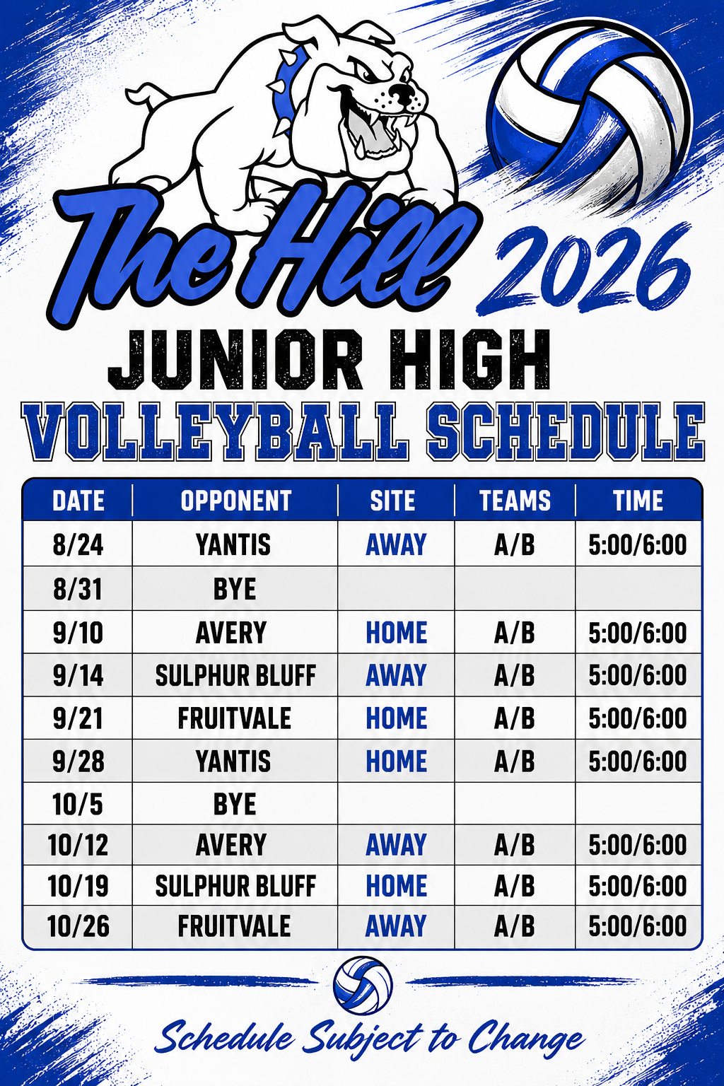 2026 Junior High Volleyball Schedule