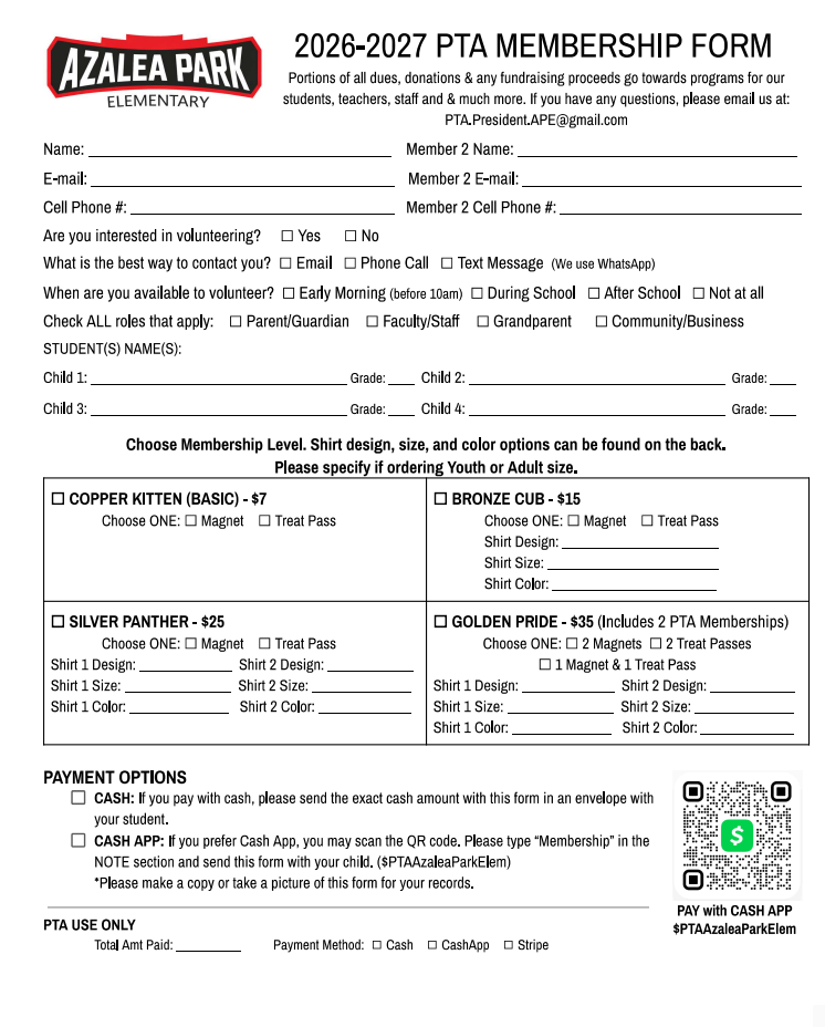 Azalea Park Elementary 2026-2027 PTA Membership Form with sections for personal information, volunteer availability, student details, and membership level choices.