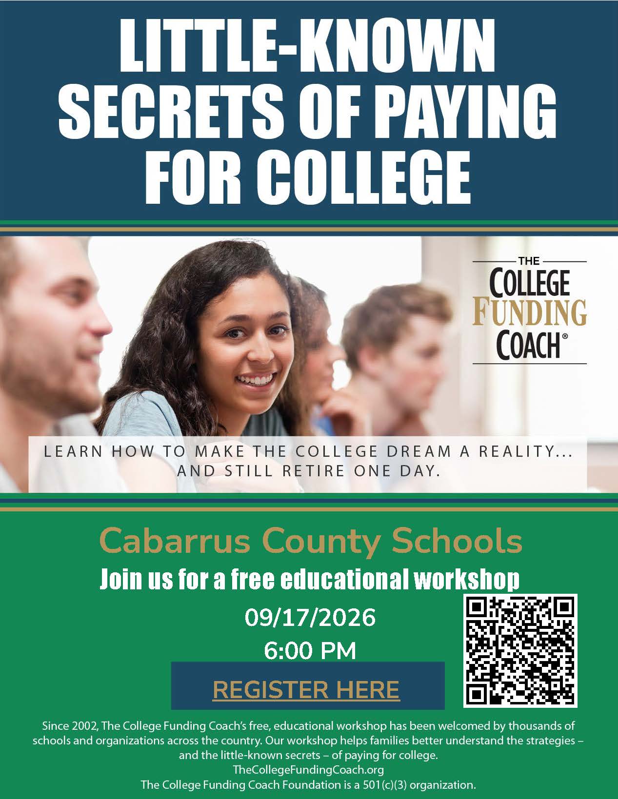 For PK-12:  Little Known Secrets of Paying for College seminar on Sept. 17 at West Cabarrus HS