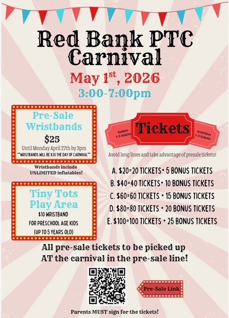 Poster for the Red Bank PTC Carnival on May 1st, 2026, from 3:00-7:00pm, detailing ticket and wristband prices.