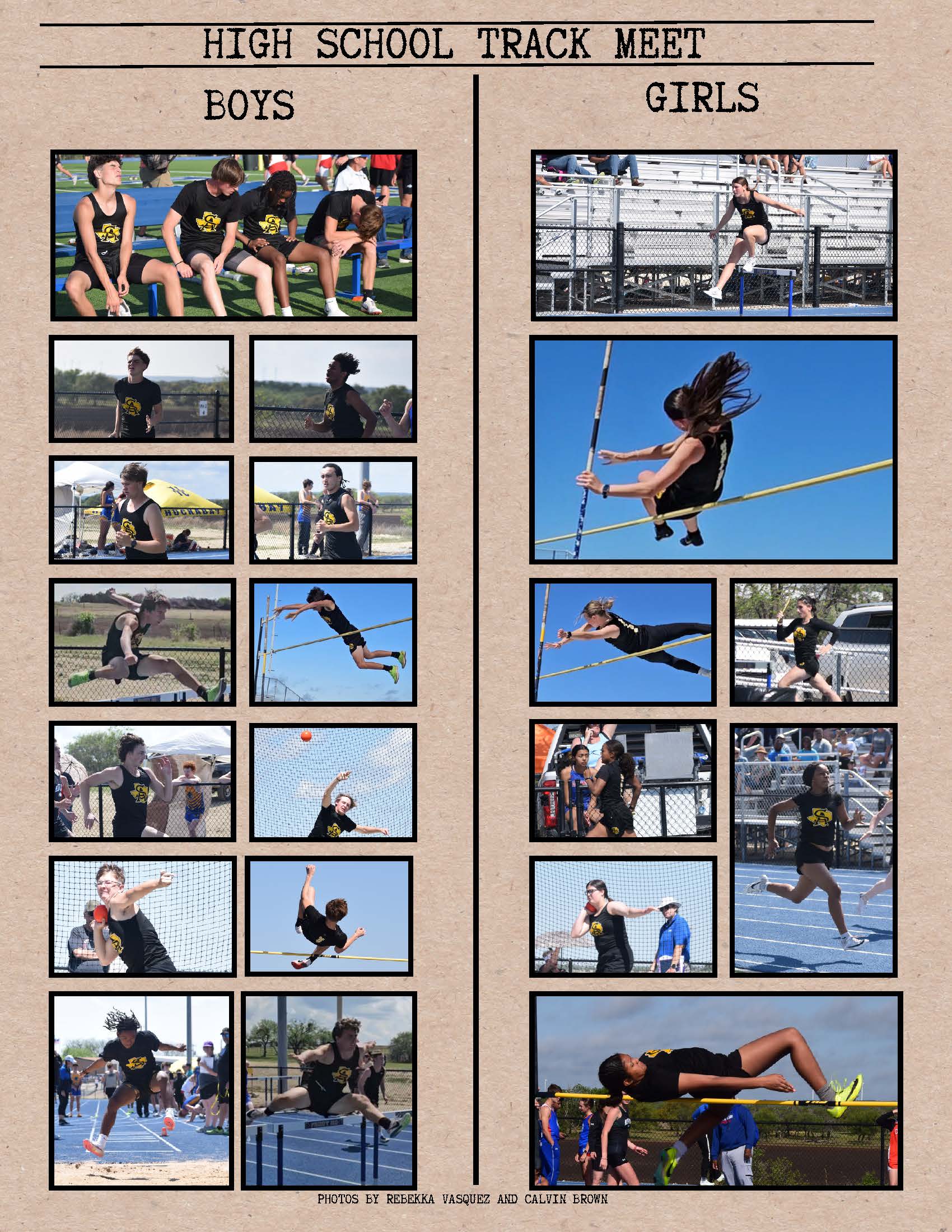 Collage of images from a high school track meet, divided into 'Boys' and 'Girls' sections, showcasing various athletic events.