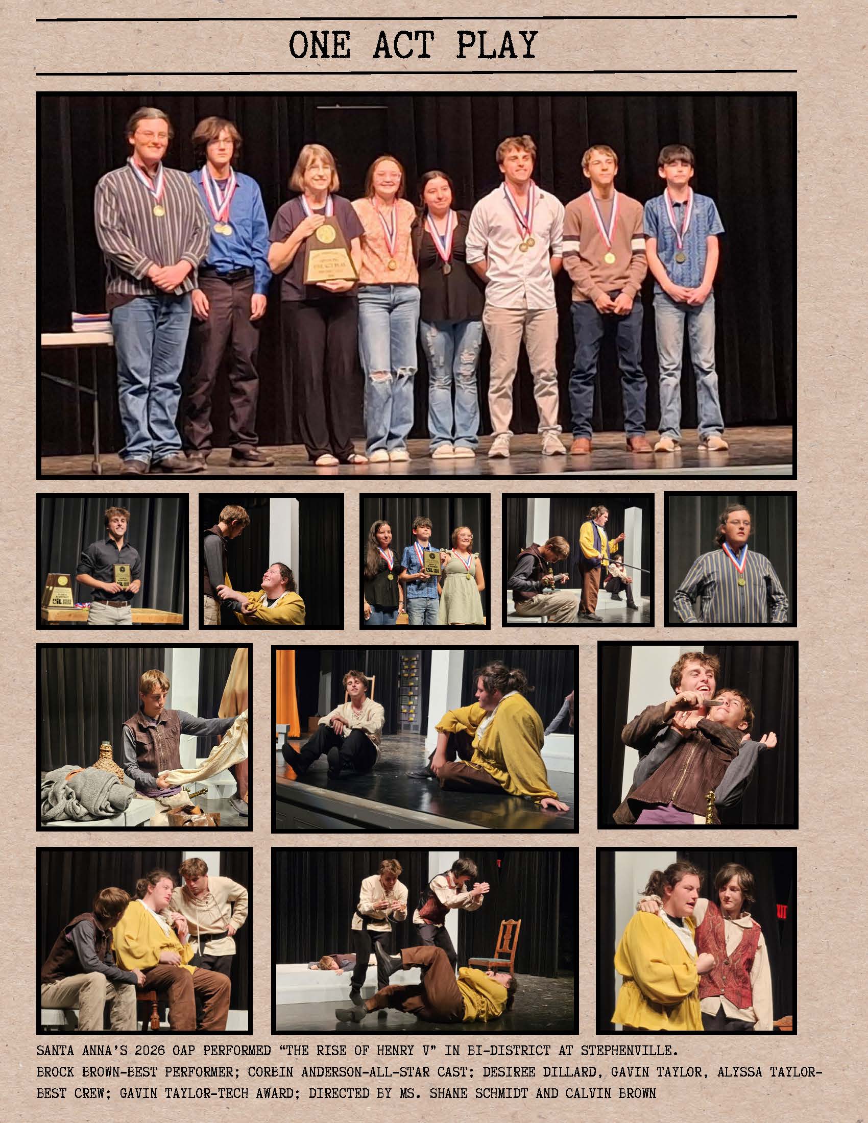 A group of students stand on stage wearing medals and holding awards after a one-act play performance.