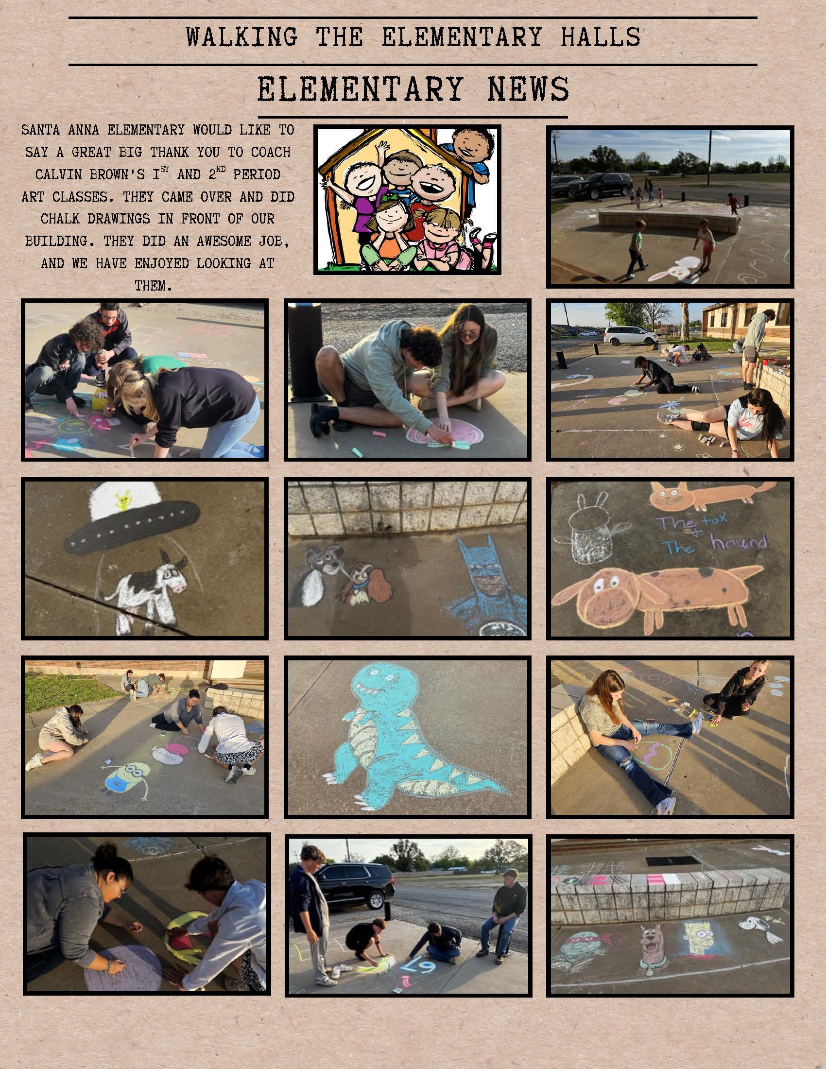 Students create colorful chalk drawings on the pavement outside an elementary school.