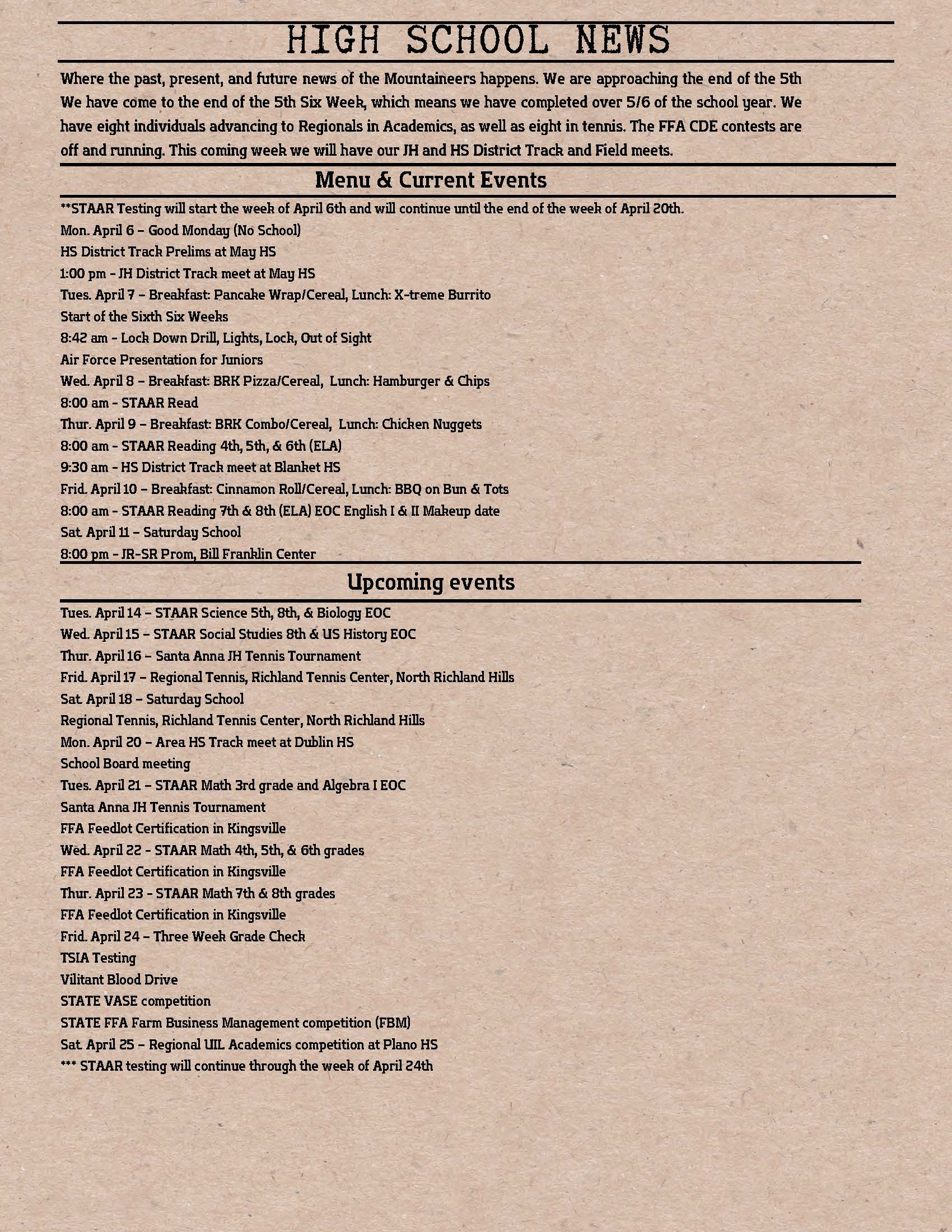 A document titled 'HIGH SCHOOL NEWS' details upcoming events and menu items for students.