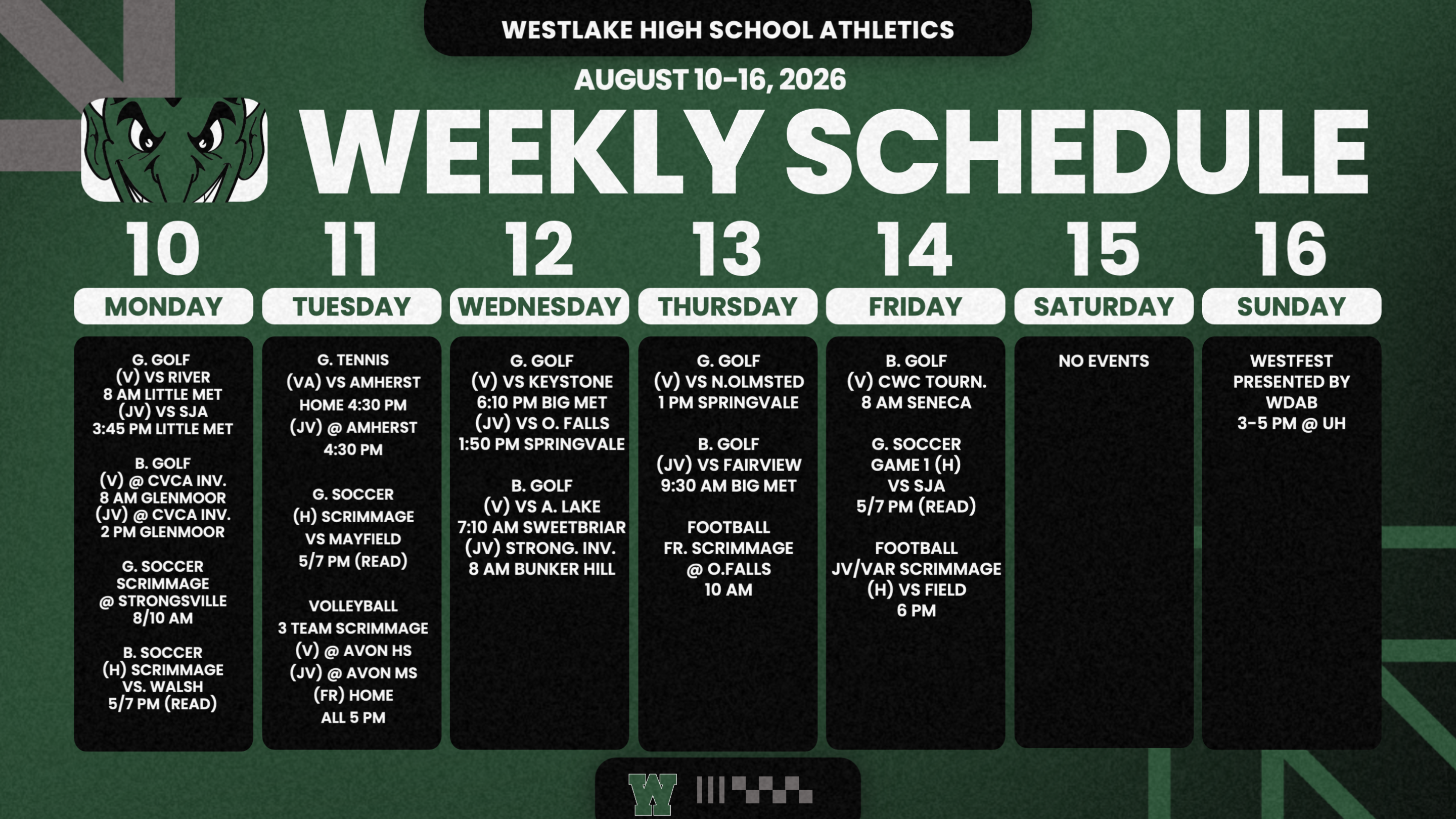 WHS Athletic Events | Week of August 10, 2026