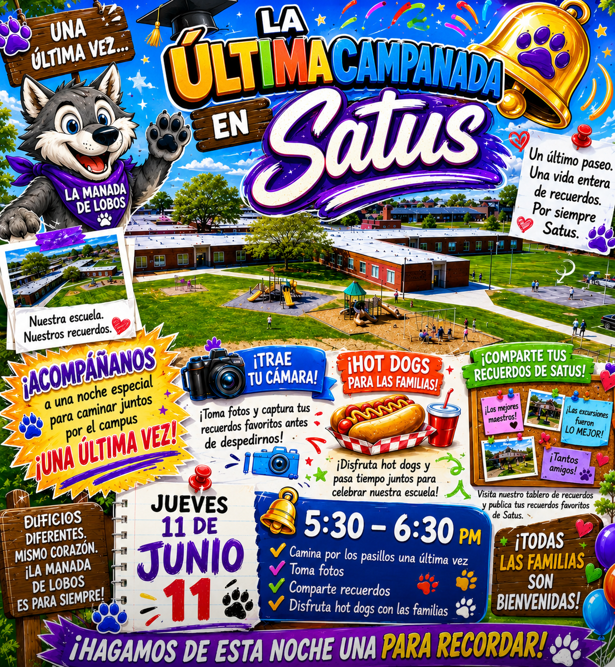 colorful flyer with a graphic of the Satus school building, a bell, a wolf pup, hot dog and calendar page