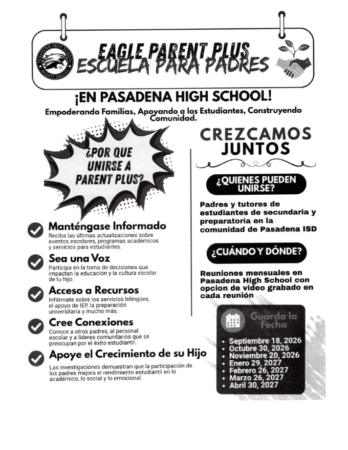 Pasadena High School's Eagle Parent Plus program flyer, featuring the school logo and program title in English and Spanish.