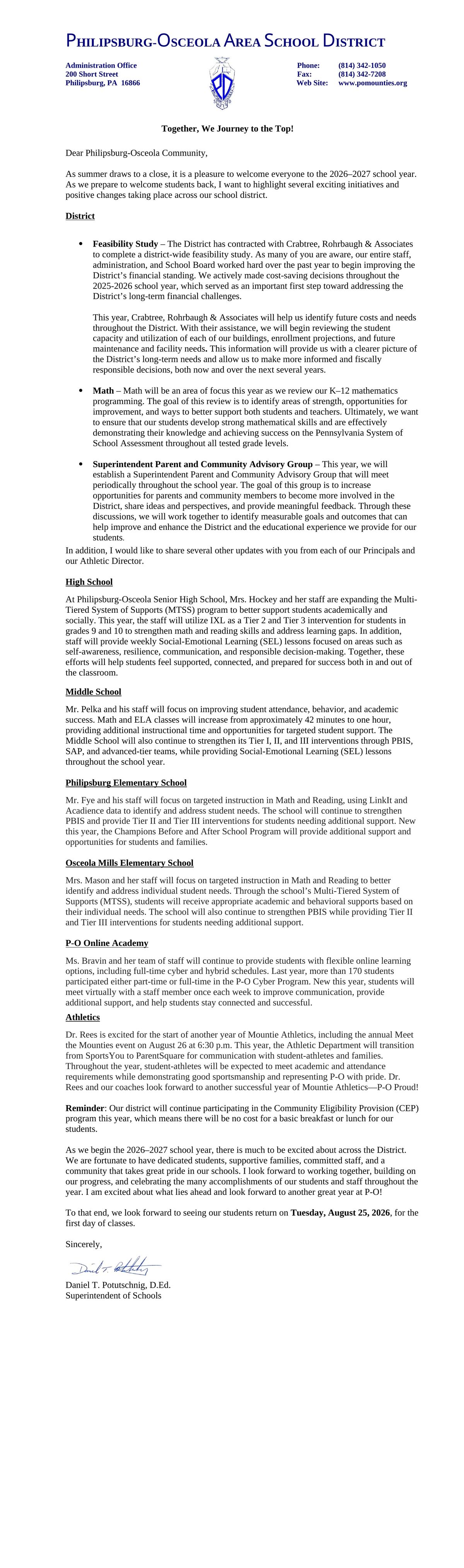 Back-to-School Letter from Dr. Potutschnig