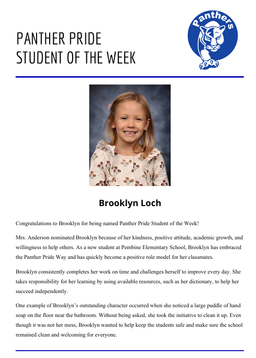Panther Pride Elementary Student of the Week 10/19/26 - 10/23/26 Brooklyn Loch 