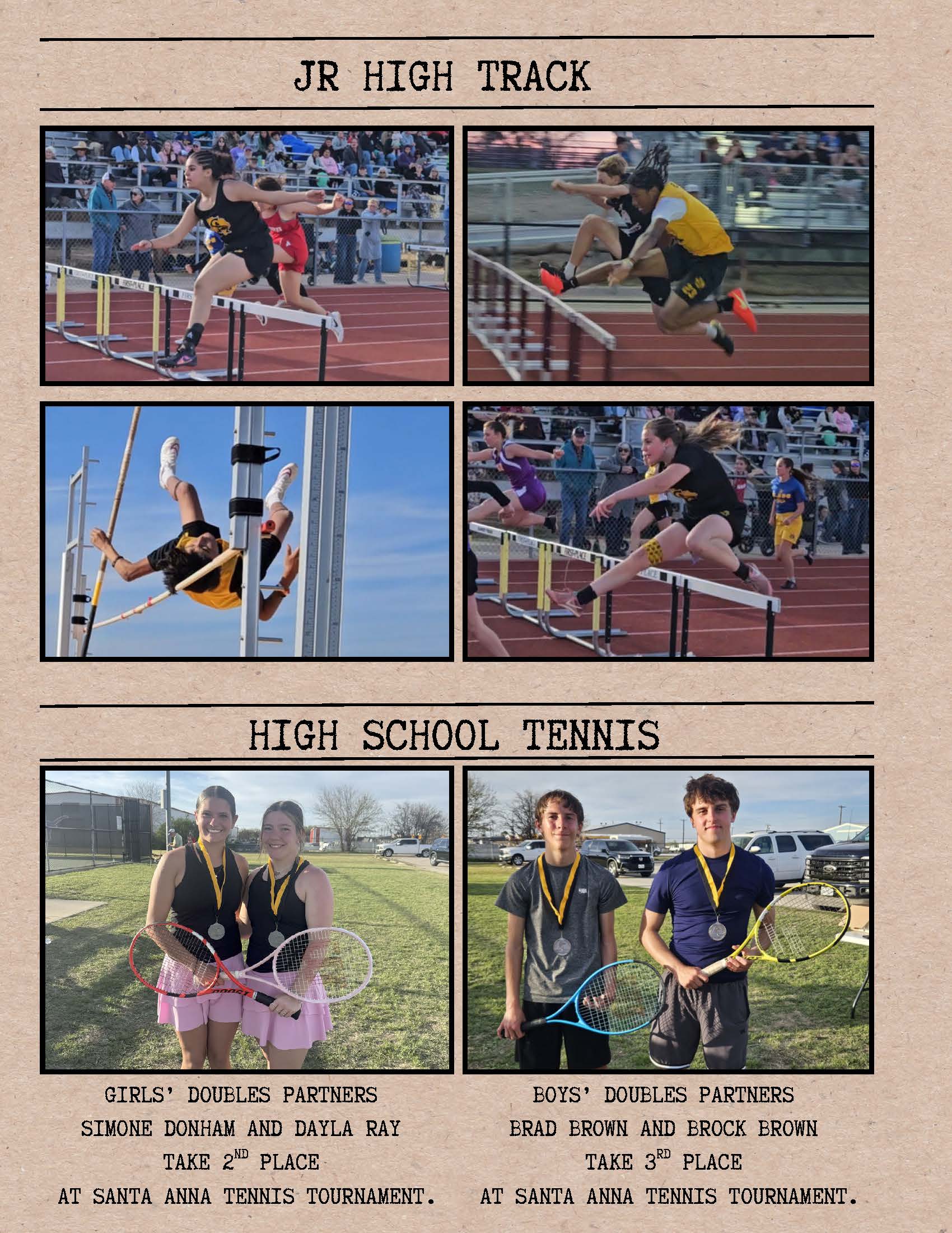 Collage of junior high track and field events including hurdles and pole vault.