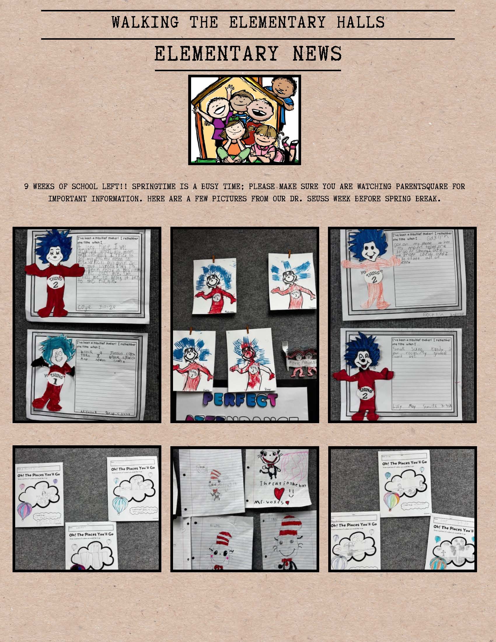 Elementary school news bulletin featuring student artwork and announcements.