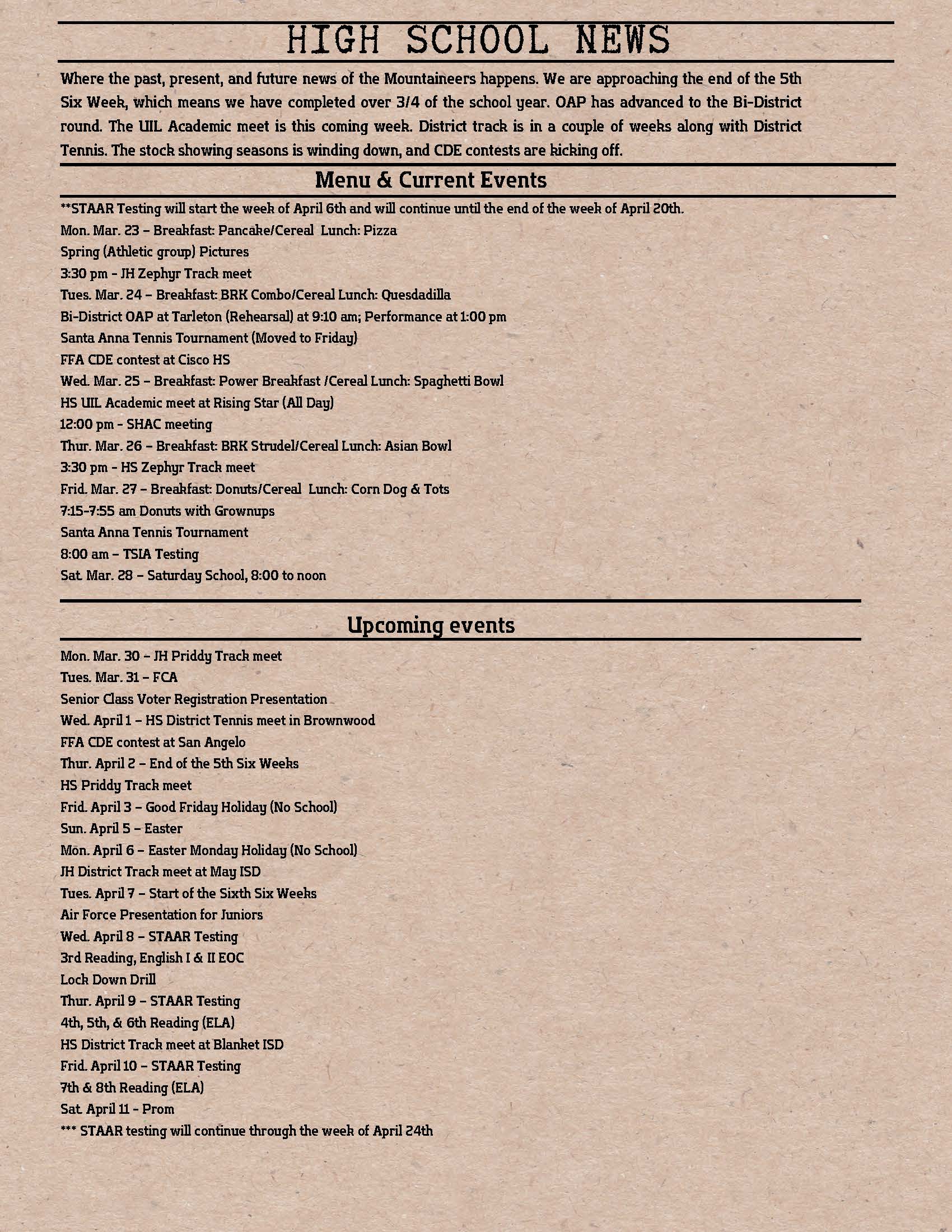 A document titled 'HIGH SCHOOL NEWS' with sections for 'Menu & Current Events' and 'Upcoming events'.