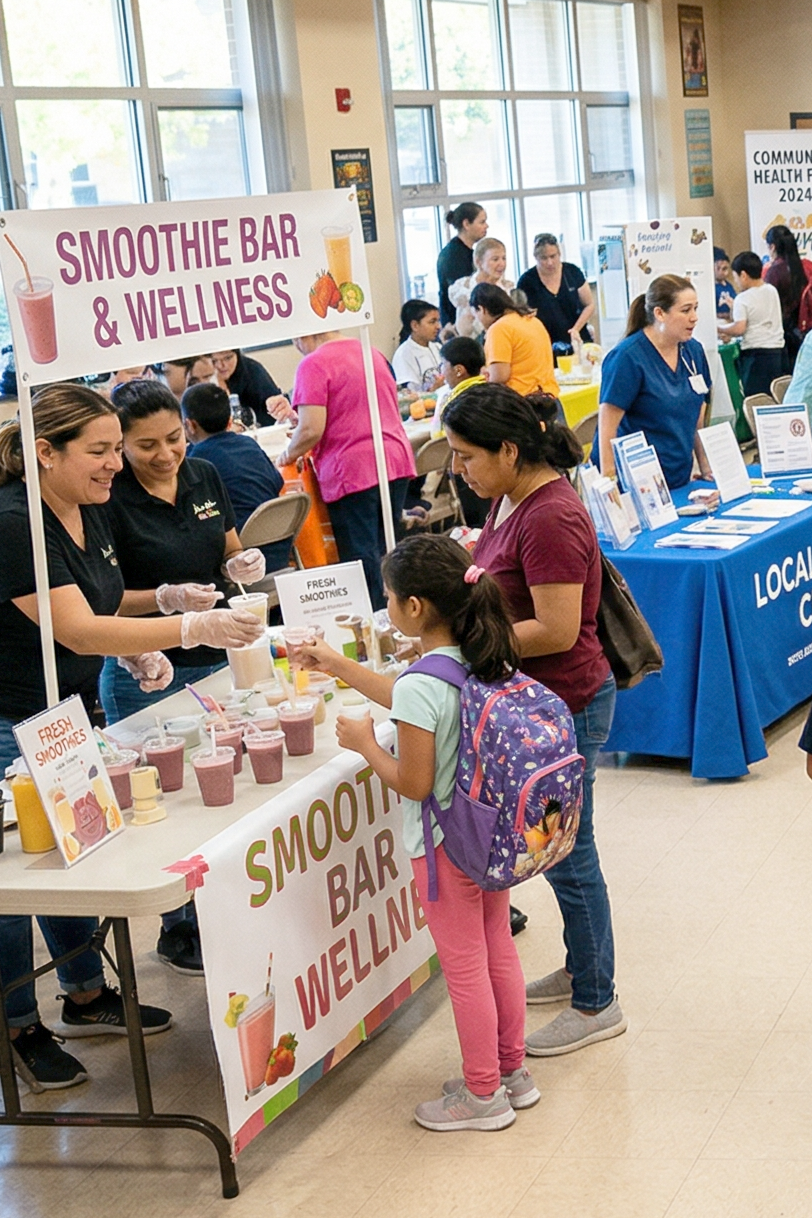 A smoothie bar offers fresh smoothies at a community health fair.