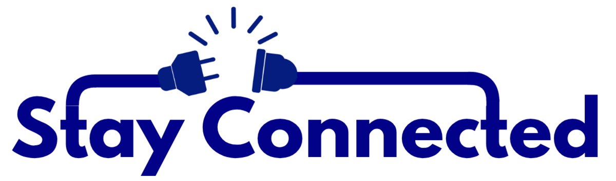 The words 'Stay Connected' are displayed in bold blue text with an illustration of a power plug and socket.