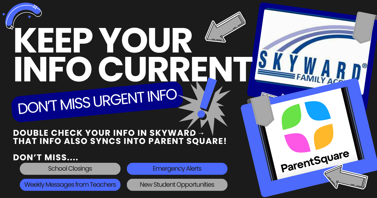 Graphic promoting "Keep Your Info Current" with Skyward and ParentSquare logos.