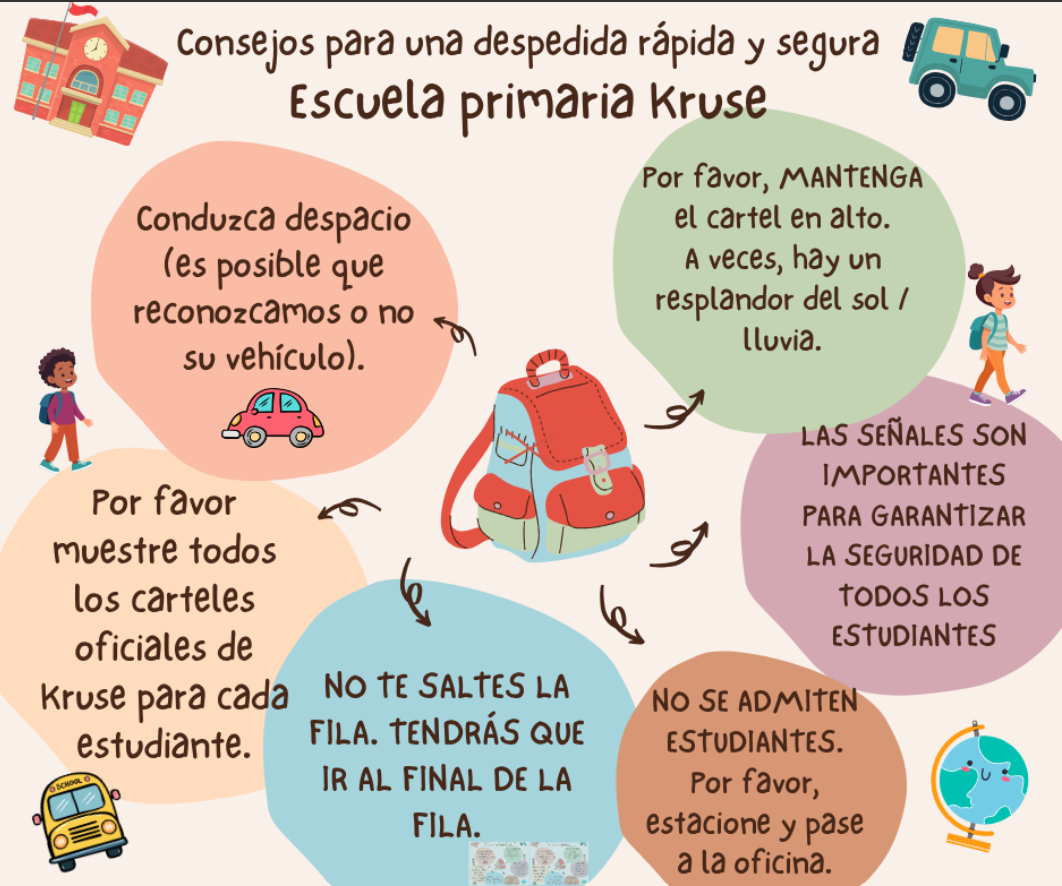 Illustration with tips for a quick and safe school pickup at Kruse Elementary School.