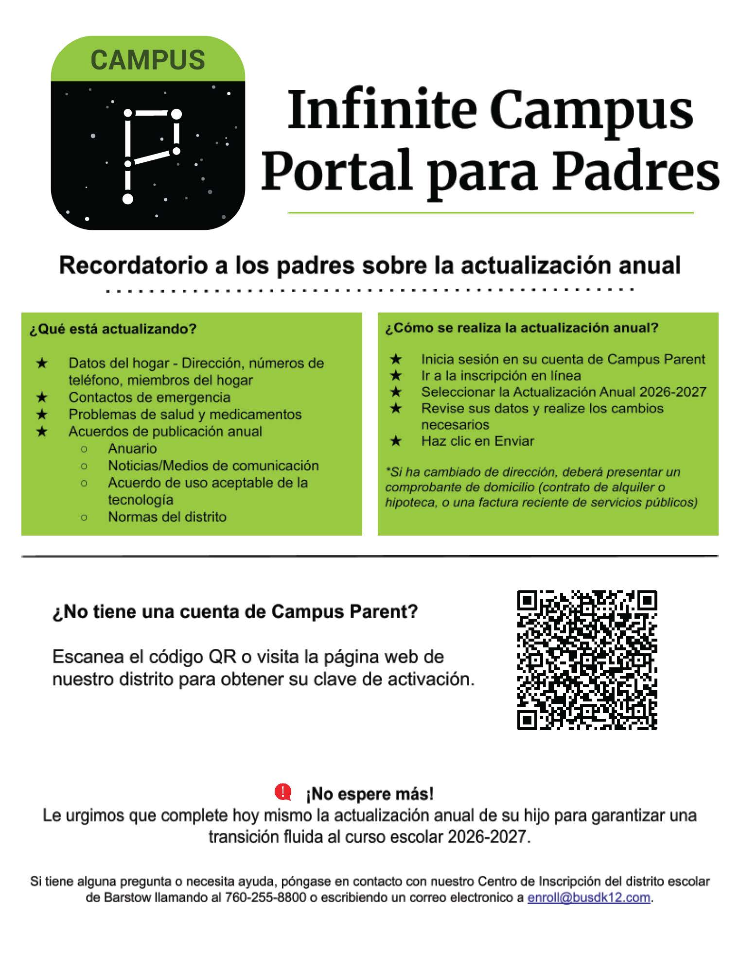 A flyer from Infinite Campus Parent Portal about annual updates, with sections on what to update and how to do it.